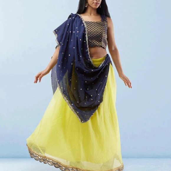 Lemon Yellow Organza Lehenga with Silk Choli | Muvvas Boutique - Picture 3 of 5